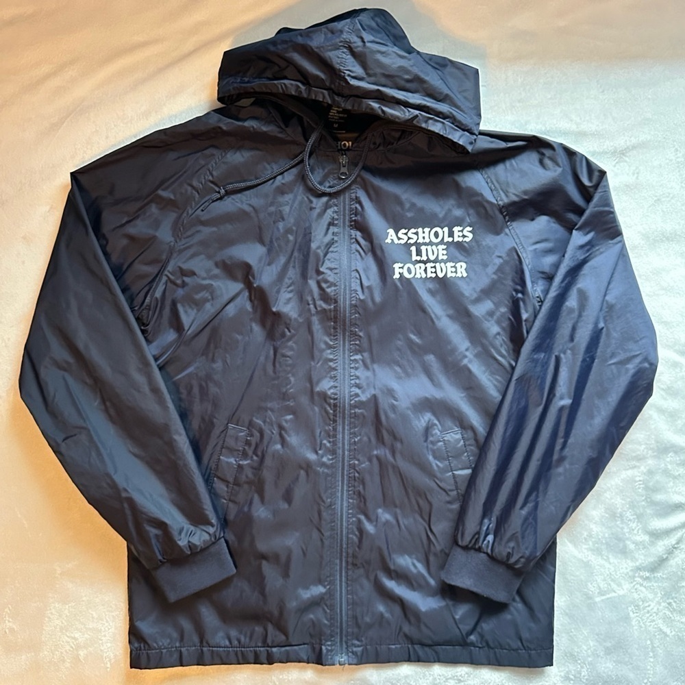 Assh*les Live Forever Hooded Windbreaker Parka Jacket M Navy Blue Coat Full Zip